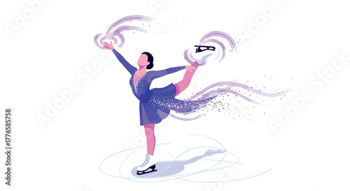 Elegant ice skater in motion with magical sparkles and purple dress