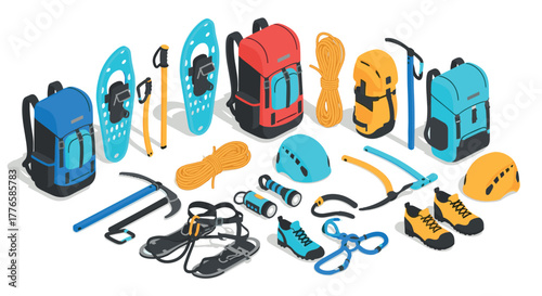 Isometric outdoor adventure gear set backpacks, climbing tools, and hiking essentials
