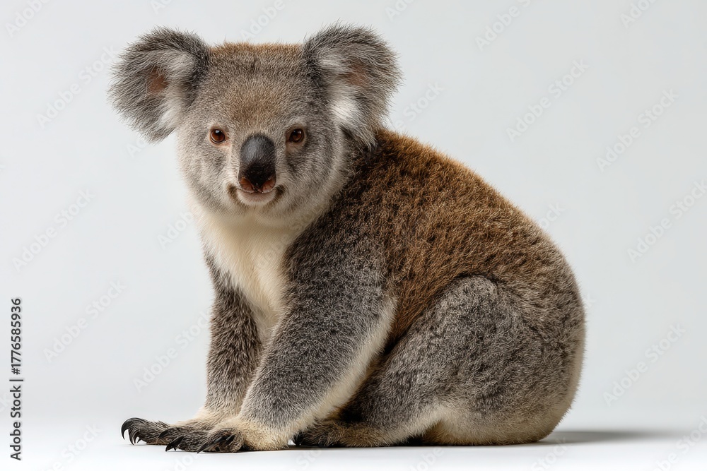 Fototapeta premium Koala sitting on a white background in a soft studio setting