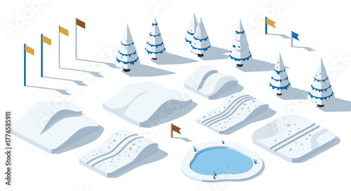 Winter landscape design elements with snowy terrain and pine trees