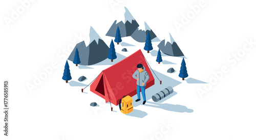 Winter camping adventure hiker with red tent surrounded by snowy mountains and pine trees