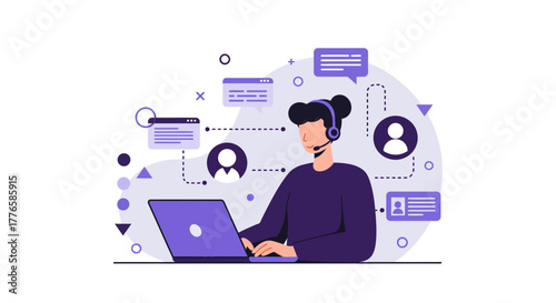 Customer Service Representative Working on Laptop with Headset.