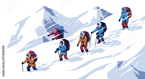 Team of climbers ascending snowy mountain peaks in winter adventure scene