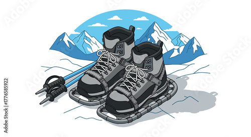 Winter adventure gear with snowshoes and poles by mountain range