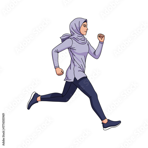 A woman wearing a hijab is jogging.