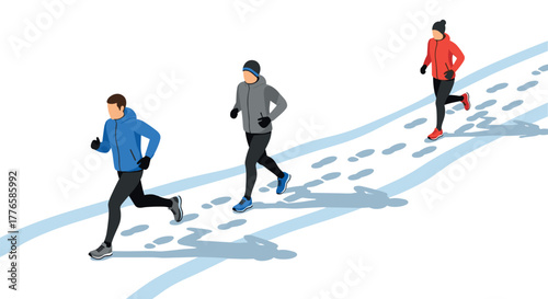 Isometric winter jogging people running on snow with footprints and shadows