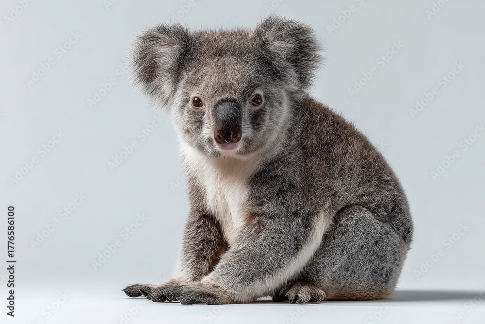 Naklejka premium Koala sitting on soft white studio background in a calm moment
