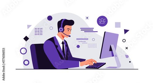 Customer Service Representative Working on Computer with Headset.