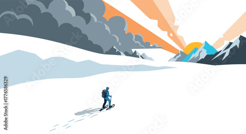 Adventurer walking through snowy mountains at dawn in minimalist style
