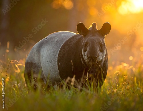 A tapir stands in golden light in a grassy field