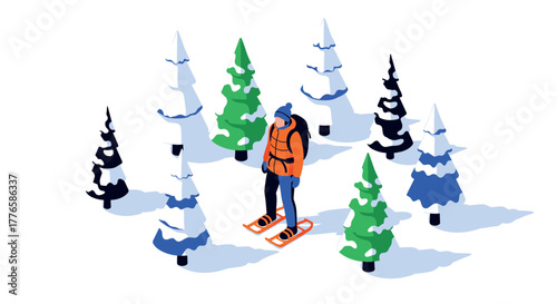 Winter snowshoe adventure in isometric forest scene with snowcovered trees