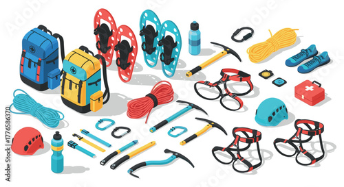 Essential isometric mountaineering gear collection in vibrant color palette