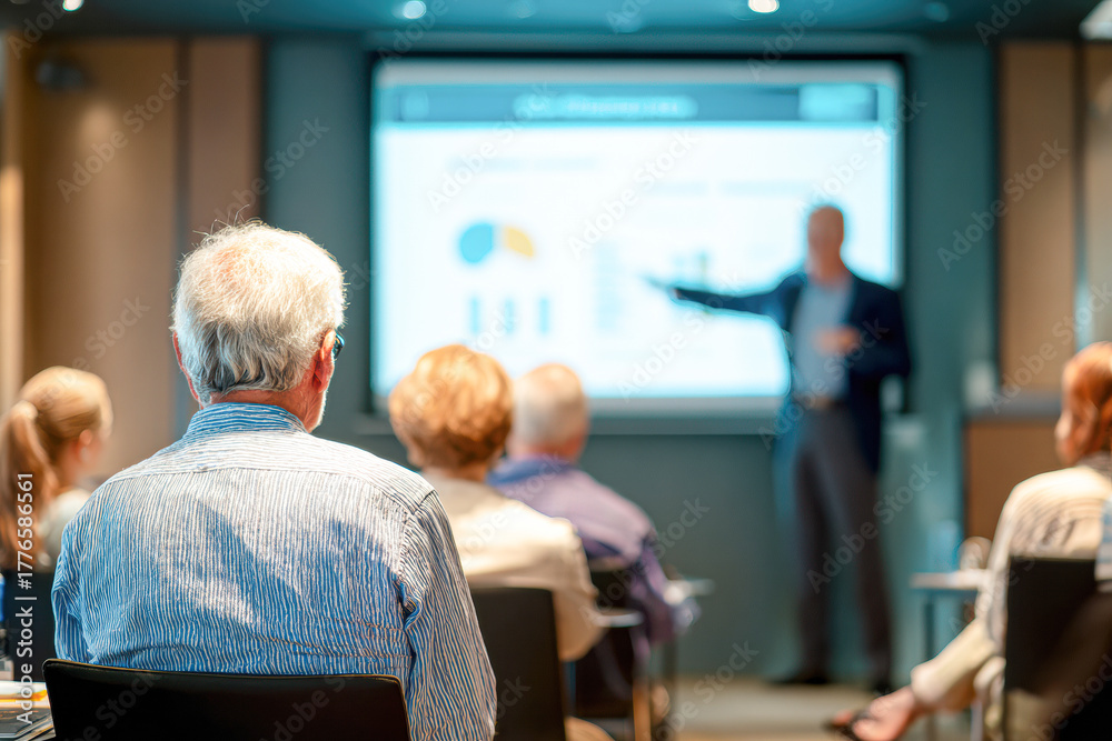 Obraz premium A group of people attentively watching a presentation in a conference room, focusing on a speaker and a visual display of graphs and data.