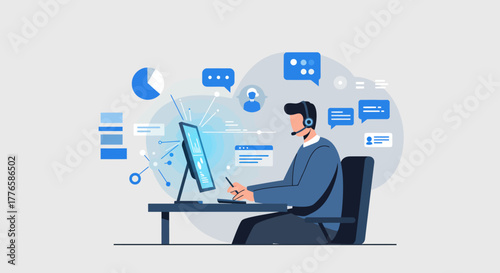 Customer Service Representative Working at Computer Desk.