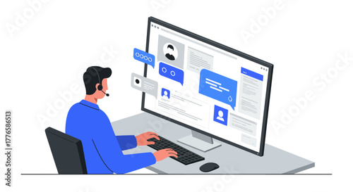 Customer Service Representative Working on Computer with Headset.