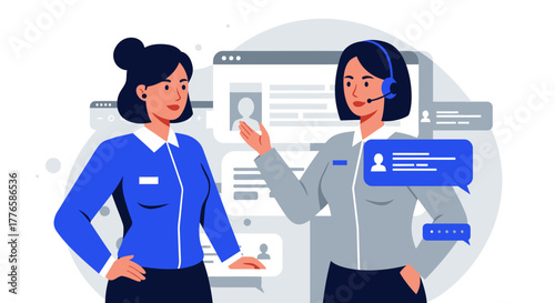 Two Customer Service Representatives Discussing Online Support.