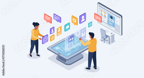 Isometric Illustration of People Interacting with Technology.