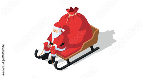 Santa claus sitting on sleigh with red sack in isometric design