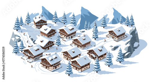 Winter alpine village with snowy chalets in isometric style