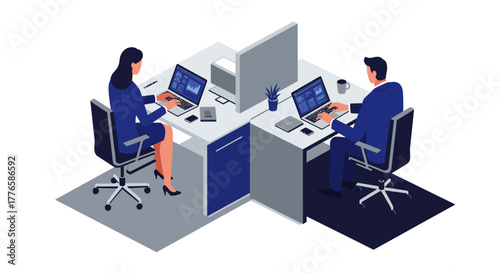 Two People Working at Office Desks with Laptops.