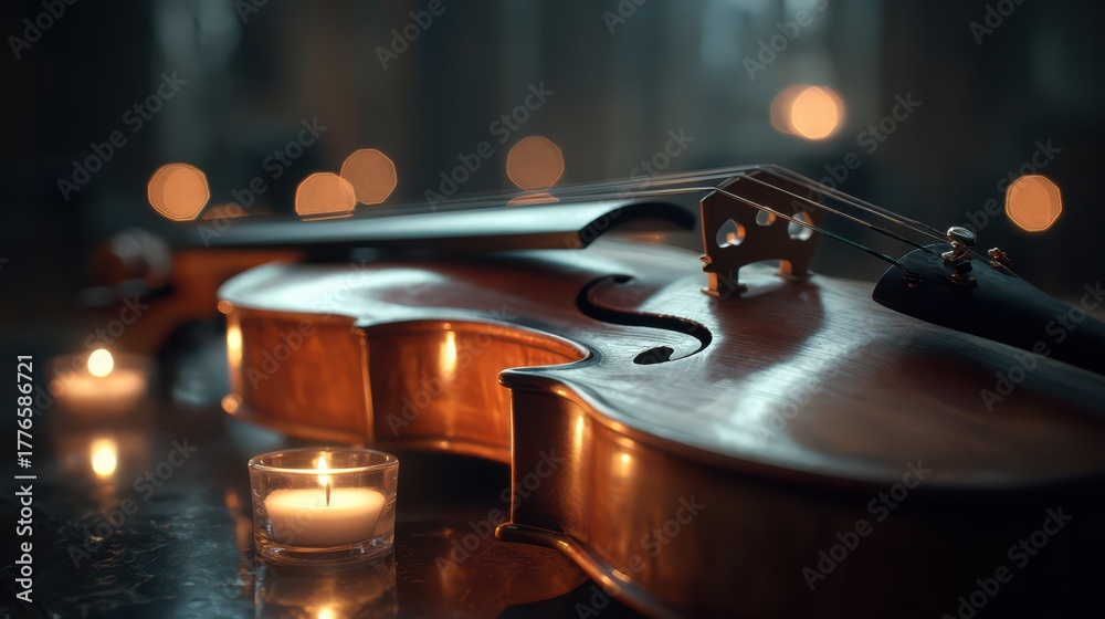 Fototapeta premium Soft glow of candles highlights a beautiful violin resting on a dark table
