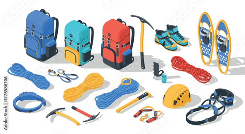 Essential isometric hiking gear and tools for outdoor adventures