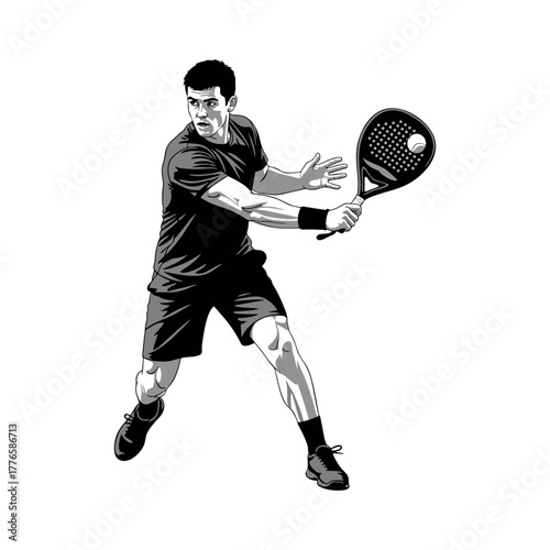 Vector silhouette image of a man playing padel tennis on a white background.