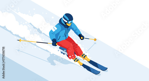 Downhill skiing adventure in snowy mountains dynamic and colorful action scene