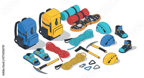 Comprehensive hiking and climbing gear set in isometric style for outdoor adventures
