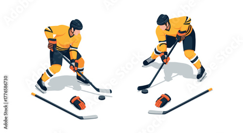 Dynamic isometric hockey players competing on ice with gear