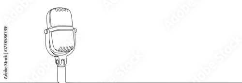 Continuous line drawing of a microphone, symbolizing music, speech, recording, and communication, isolated on a white background.