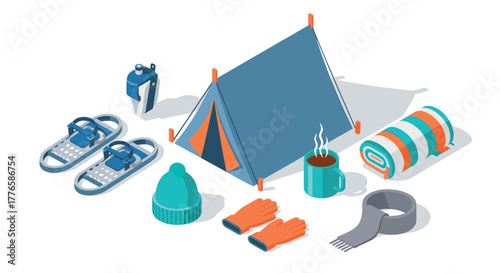 Isometric camping gear collection with tent, snowshoes, and accessories for winter adventures