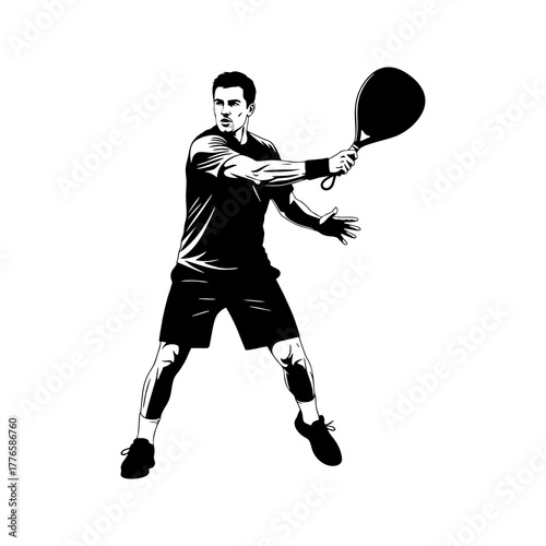 Vector silhouette image of a man playing padel tennis on a white background.