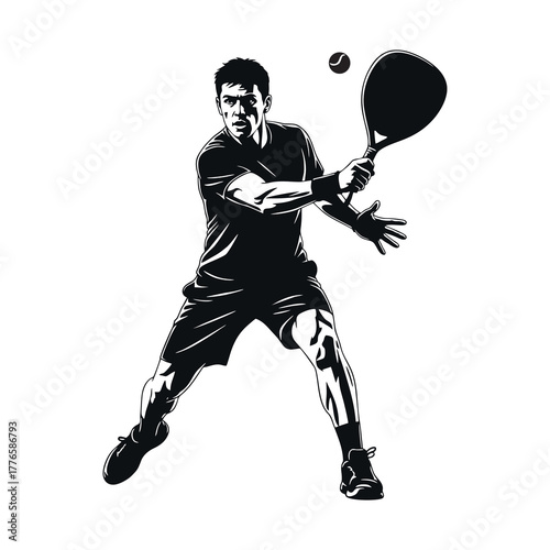 Vector silhouette image of a man playing padel tennis on a white background.