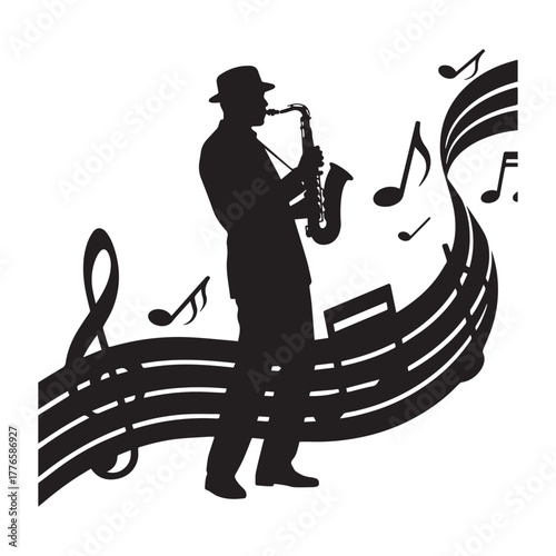 Silhouette of Jazz Musician Playing Saxophone on Flowing Musical Staff Vector Illustration. 