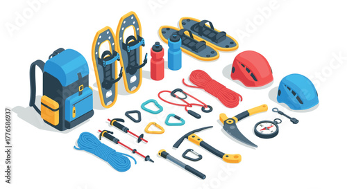 Isometric winter hiking and climbing gear set with backpack and safety equipment