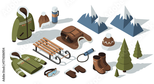Winter adventure essentials isometric outdoor gear and snowy landscape elements
