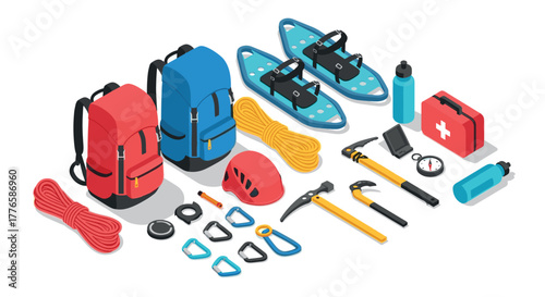 Isometric outdoor adventure set with hiking and climbing gear