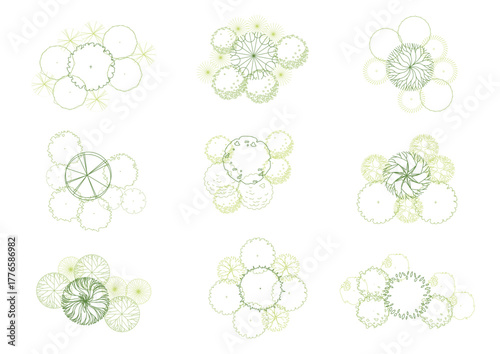 architecture drawing plant tree top view plan greenery vegetation vector. design nature architectural landscape set element illustration bush garden flora sapling minimal. architect isolated.