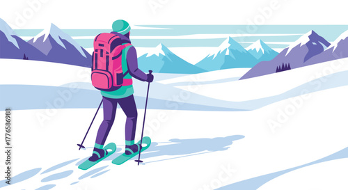 Vibrant winter adventure skier with backpack exploring snowy mountain landscape