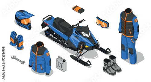 Isometric snowmobile and gear set with helmet, suit, and tools in blueorange theme
