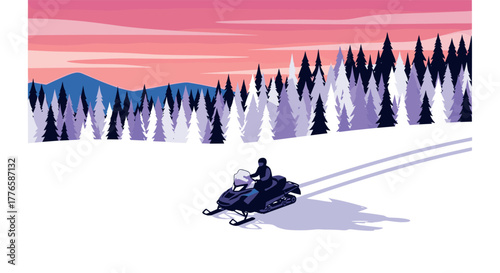 Snowmobile adventure in a winter wonderland with majestic pines at sunset