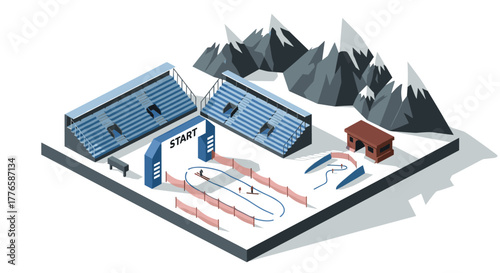 Winter ski competition isometric view with snowy mountains and stadium stands