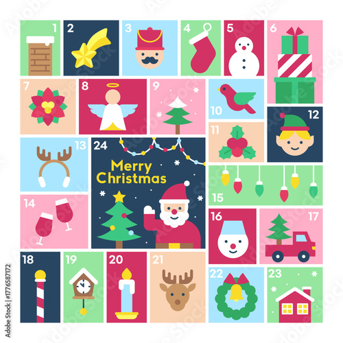Bright Pastel Holiday Advent Calendar with Christmas Icons Playful Winter Characters Gift Blocks