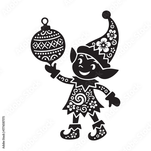  Whimsical Christmas Elf Papercut Silhouette with Intricate Patterns and Festive Ornament Design. 