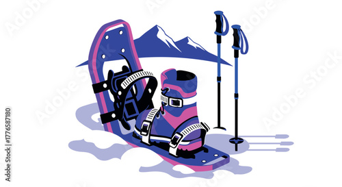 Modern isometric snowshoeing gear with winter mountain backdrop
