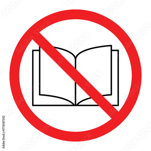 No reading books vector icon. Open book silhouette crossed with red prohibition circle. Library or classroom restriction sign for quiet or exam areas.