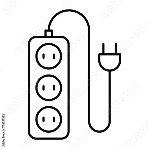 Power strip vector icon. Electrical extension cord with three outlets and plug. Black line art style for electricity, safety, or energy design.