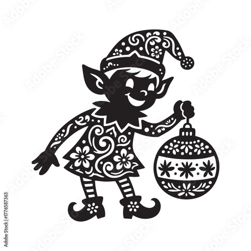  Whimsical Christmas Elf Papercut Silhouette with Intricate Patterns and Festive Ornament Design. 