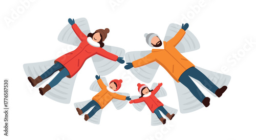Family enjoying winter fun making snow angels together in a flat design